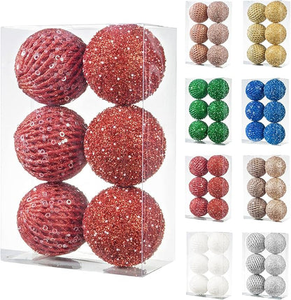 6pcs 3.94" Christmas Ball Ornaments Glitter Shatterproof Christmas Tree Ornaments Sequin Xmas Hanging Balls Decorations for Wedding Party Holiday(Red, 6pc-10cm)