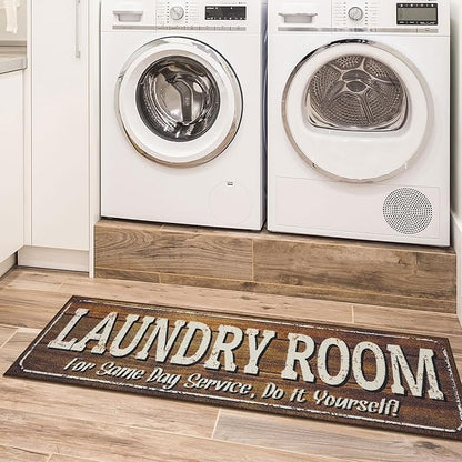 Ottomanson Laundry Collection Non-Slip Rubberback Text Design 2x5 Laundry Room Runner Rug, 20" x 59", Brown