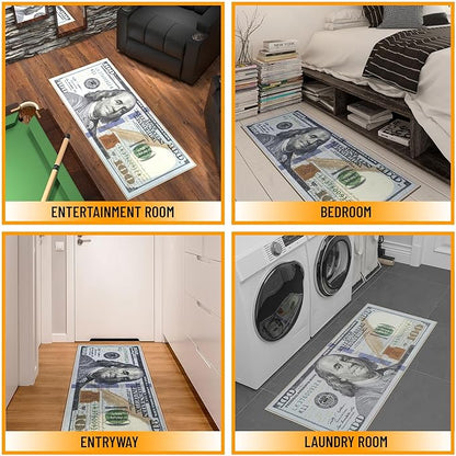 Machine Washable $100 Bill Design Cotton 22x53 Flatweave Runner Rug for Laundry Room, Bedroom, 22" x 53", Multicolor