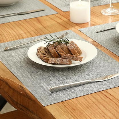 Leetaltree Grey Placemats, Heat Resistant Non-Slip Place mats for Dining Table, Washable Durable PVC Vinyl Woven Table Mats (Set of 8)