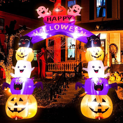 8FT Halloween Stacked Pumpkin Arch Inflatable Decoration Pumpkin Archway Blow up Inflatable Decorationswith LED Lights Indoor Outdoor Yard Garden Holiday Display for Halloween Party