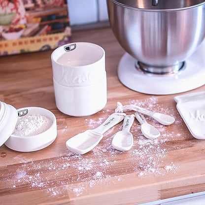 Mason Jar Kitchen Accessories Set - Ceramic Jar with Lid, Measuring Cups & Spoons, Utensil Holder for Stove, and Sponge Holder Ceramic - Vintage Utensil Rest & Condiment Shakers (White, 17-Pieces)