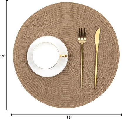 SHACOS Round Placemats Set of 4 Woven Braided Kitchen Table Placemats 15 inch Round Place Mats Washable Table Mats Indoor Outdoor, Brown