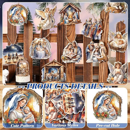 Suzile 36 Pcs Christmas Wooden Ornaments Nativity Ornaments Religious Christmas Decorations for Tree Wreaths Xmas Birth of Jesus Hanging Wood Cutouts Decor for Farmhouse Home Christian Party Favors