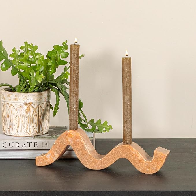 Bloomingville Marble Wave Double Taper Candle Holder, Pink