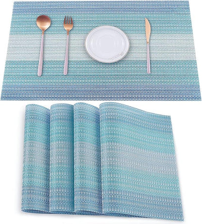 HeloHo Placemats Set of 4,Vinyl Table Place Mats Stain Resistant Foldable Placemats Washable Wipeable Placemat for Kitchen Dining Table Decoration Indoor Outdoor（Blue）