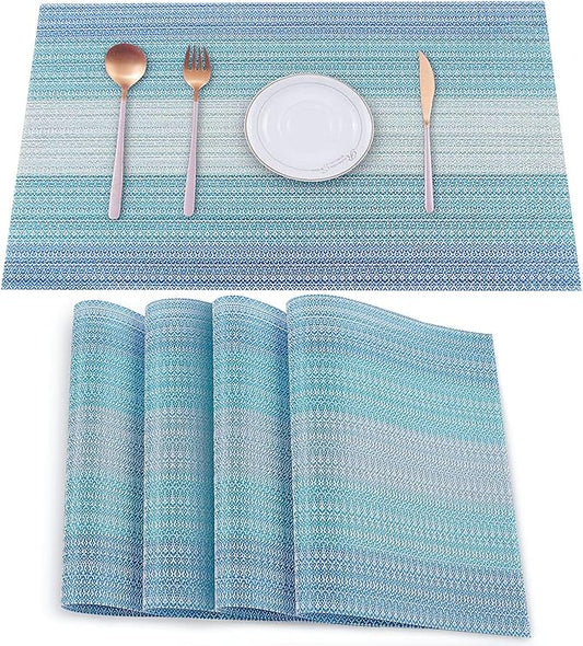 HeloHo Placemats Set of 4,Vinyl Table Place Mats Stain Resistant Foldable Placemats Washable Wipeable Placemat for Kitchen Dining Table Decoration Indoor Outdoor（Blue）