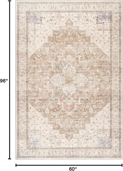 Boho Farmhouse Bedroom Rug Washable Easy Clean Stain Resistant Vintage Country Rustic Neutral Persian Area Rug for Dining Room Under Table,Light Tan Brown Beig with Terracotta Pattern,5x8
