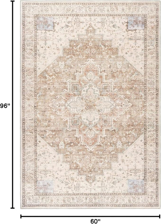 Boho Farmhouse Bedroom Rug Washable Easy Clean Stain Resistant Vintage Country Rustic Neutral Persian Area Rug for Dining Room Under Table,Light Tan Brown Beig with Terracotta Pattern,5x8