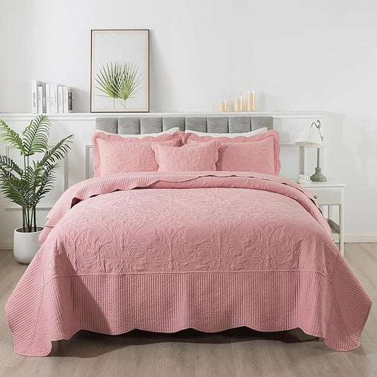 HoneiLife California King Quilt - Oversized King Bedspreads 128x120, 4-Piece Cal King Quilt Sets,Rustic Bedding Sets King Size,Reversible Coverlets Lightweight Bed Cover for All Season Use-Pink