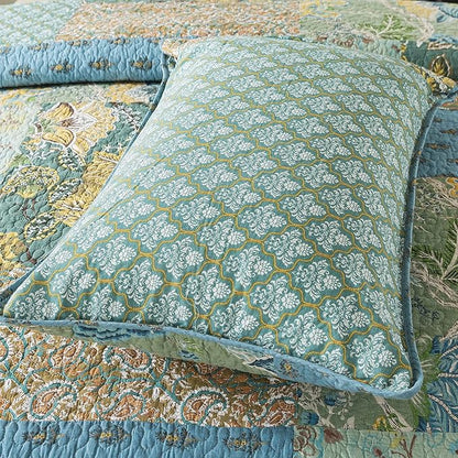 NEWLAKE Cotton Patchwork Bedspread, 3-Piece Bedding Quilt Set with Real Stitched Embroidery, Reversible Matelasse Bed Coverlet Set,Green Farmhouse Garden,Twin Size