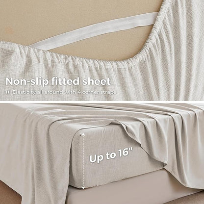 King Sheets Khaki, Ultral Soft Cationic Linen Look Sheets, Luxury Cooling Cozy Bed Sheet Set with Non-Slip Fitted Sheet