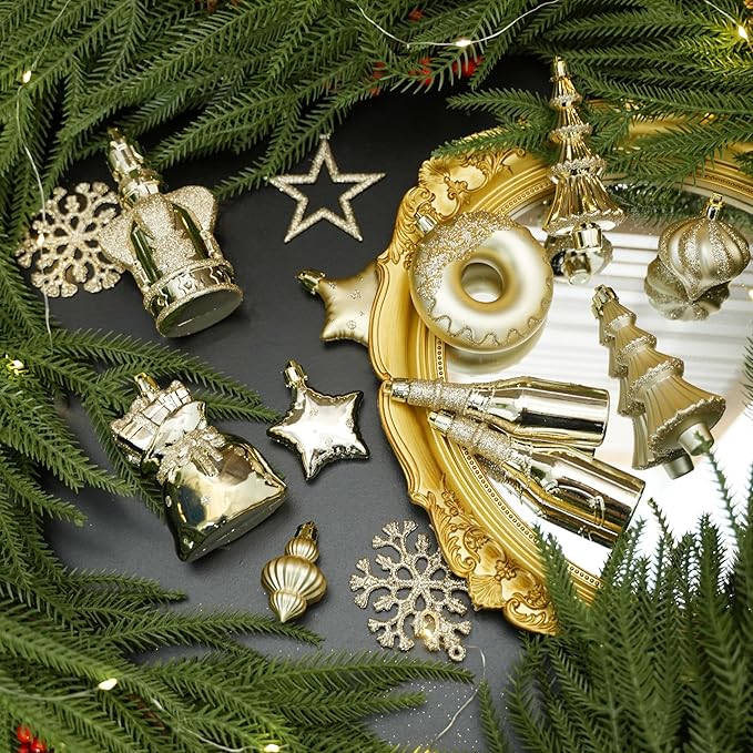 SHareconn 70pcs 2025 Classic Christmas Balls Ornaments Set, Shatterproof Plastic Baubles, Ribbon and Tree Topper for Xmas Tree Holiday Wedding Party Decorations with Hanging Strings, Champagne Gold
