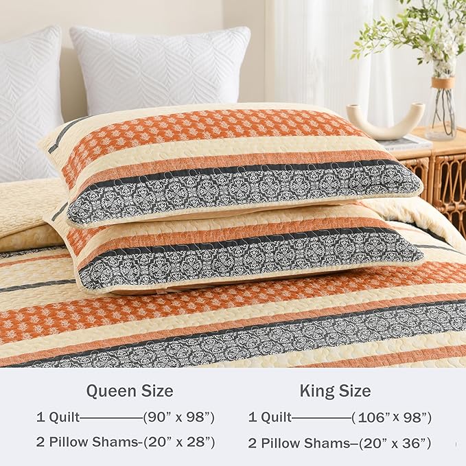 Homzard Quilt King Size, Cotton Orange Gray Black Striped Quilt Bedding Set,Floral Comforter Set King Size,Fall Lightweight Bedspread with Shams,3 Piece All Season