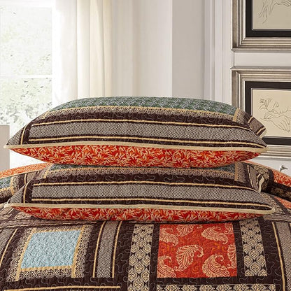 NEWLAKE Cotton Patchwork Bedspread, 3-Piece Bedding Quilt Set with Real Stitched Embroidery, Reversible Matelasse Bed Coverlet Set,Bohemian Farmhouse,Twin Size
