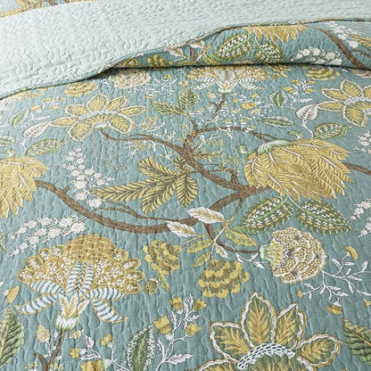 NEWLAKE Cotton Bedspread Quilt Sets-Reversible Patchwork Coverlet Set, Green Floral Pattern, King Size