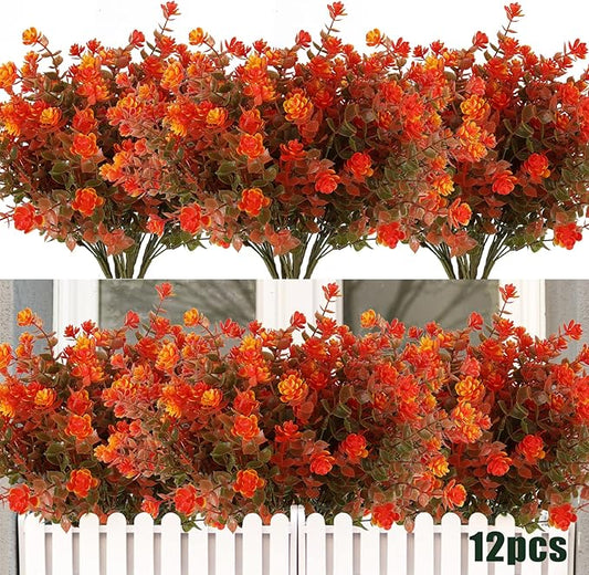 12 Bundles Artificial Outdoor Flowers UV Resistant Fake Plastic Plants No Fade Faux Fall Flowers for Hanging Planter Garden Porch Patio Window Box Wedding Thanksgiving Halloween Decor, Fall Orange