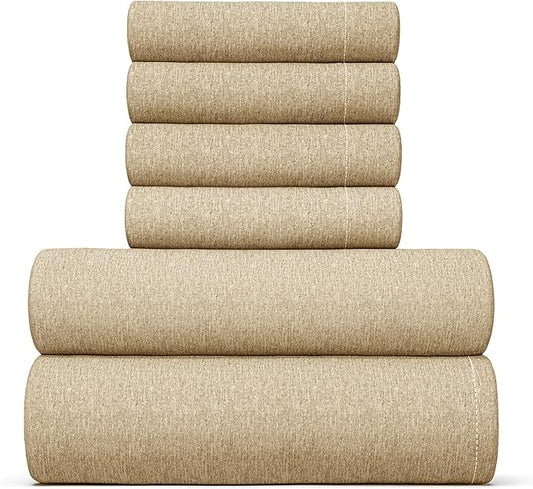 CGK Linens Queen 6 Piece Sheet Set - Cooling Sheets for Hot Sleepers - Hotel Luxury Bedding Set with 8-16 Inch Deep Pockets - 1 Flat & 1 Fitted & 4 Pillowcases - Soft & Wrinkle Free - Heathered Tan