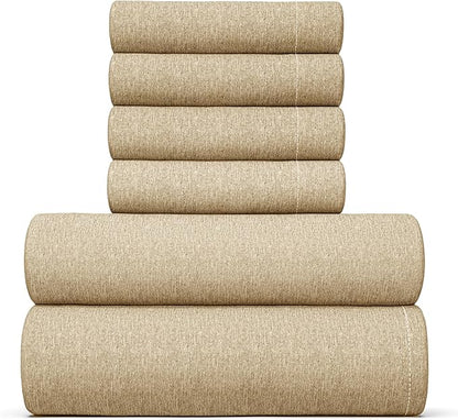 CGK Linens Full 6 Piece Sheet Set - Cooling Sheets for Hot Sleepers - Hotel Luxury Bedding Set with 8-16 Inch Deep Pockets - 1 Flat & 1 Fitted & 4 Pillowcases - Soft and Wrinkle Free - Heathered Tan