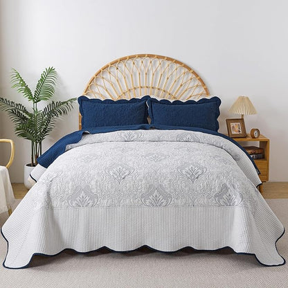 HoneiLife California King Quilt - Oversized King Bedspreads 128x120, 4-Piece Cal King Quilt Sets,Rustic Bedding Sets King Size,Reversible Coverlets Lightweight Bed Cover for All Season Use-Navy