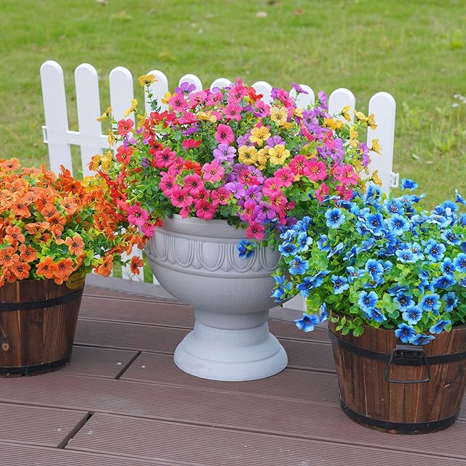 Artificial Silk Fall Mums Plants Flowers for Outdoor Outside Decoration, 12 Bundles Fake Faux Orange Yellow Daisy UV Resistant Realistic for Autumn Porch Patio Home Yard Planter