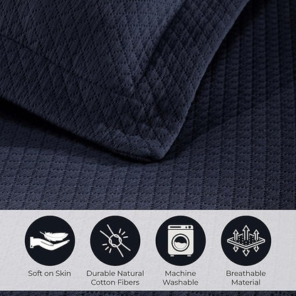 Superior Solitaire Cotton 3 Piece Bedspread Set, Home Bed Decor, Decorative Textured Bed Spread, 2 Pillow Shams, Airy Blanket, Matelasse Coverlet Bedding, All-Season Accent Blanket, King, Navy Blue