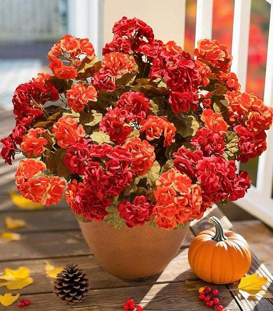 Fake Geraniums Artificial Flowers for Outdoors Fall Autumn Decoration, 6 Bundles Silk Geraniums Look Real Faux Fall Flowers Plants for Front Door Garden Planter Patio Balcony Yard Home Indoor, Mix