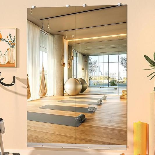 Hasipu Home Gym Mirror, 55"x21" Each, 2-Pack Frameless Wall Mounted Mirrors with Glass Clamps & Aluminum Rail, Large Body Mirror for Home Gym, Yoga Studio, Bedroom, Silver Tempered Glass