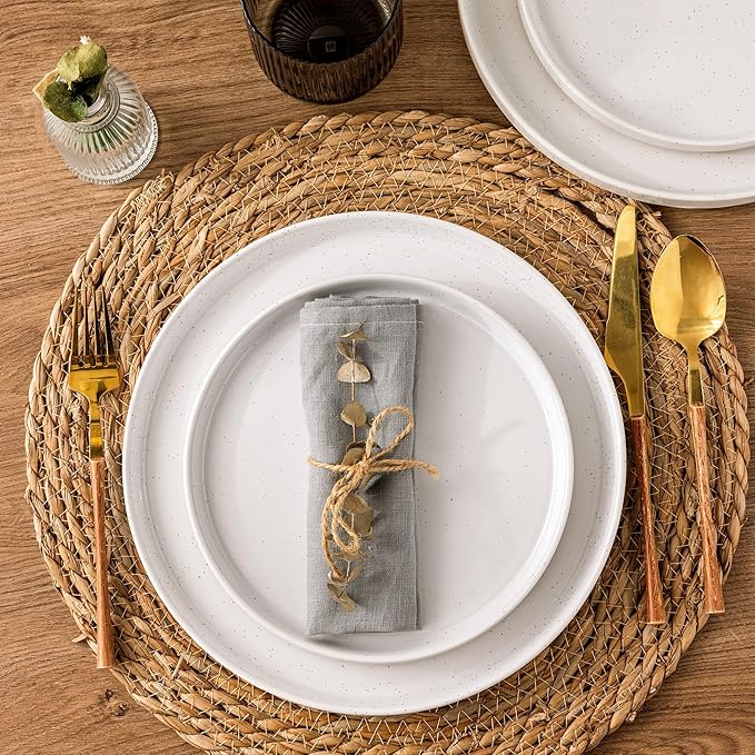 AmorArc Ceramic Dinnerware Set for 8 | Speckled Stoneware Plates and Bowls with Rustic Terracotta Underside| Scratch Resistant,Dishwasher & Microwave Safe Dishes Sets- 24pcs White