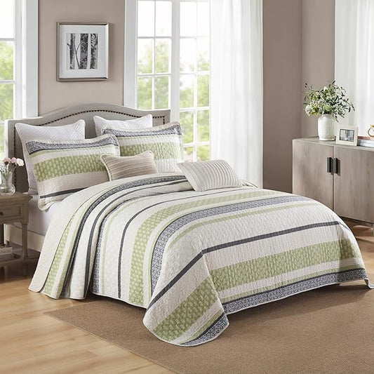 Homzard King Size Quilt,Cotton King Size Bedding Comforter Set,Sage Green Beige Grey Bedspread Set,Striped Bed Set Coverlet Lightweight Farmhouse Home Decor 3 Piece
