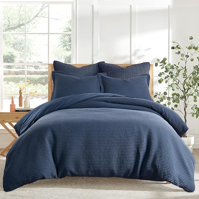 Levtex Home - Cloud Waffle Navy Comforter Set - Full/Queen Comforter + Two Standard Pillow Cases - Waffle Weave - Navy - Comforter (90 x 94in.) and Pillow Case (26 x 20in.) - Cotton
