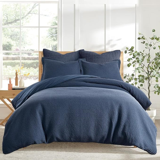Levtex Home - Cloud Waffle Navy Comforter Set - Full/Queen Comforter + Two Standard Pillow Cases - Waffle Weave - Navy - Comforter (90 x 94in.) and Pillow Case (26 x 20in.) - Cotton