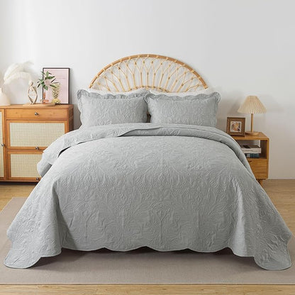 HoneiLife King Quilt Bedding Set - 3 Pieces Microfiber Quilt Sets Lightweight Bedspreads Reversible Coverlets Retro Bed Cover Quilt King Size All Season Quilts-Light Grey