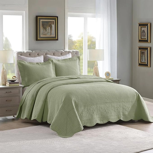 MarCielo 3-Piece 100% Cotton Oversized Bedspread Lightweight Quilt Coverlet Embroidery Farmhouse Bedding Set (TG Pale Green, Oversized Queen (100"x106"))