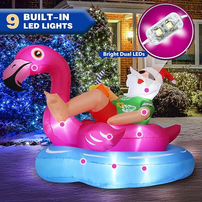 8 FT Hawaiian Santa on Flamingo Pool Float Christmas Inflatables Outdoor Decorations, Christmas Blow Up Santa Claus Yard Decorations for Garden Lawn Xmas Decor
