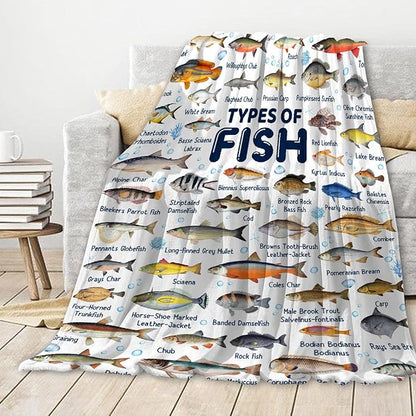 Fish Throw Blanket,Types of Fish Blanket Fish Blanket Gifts,Ultra Soft Lightweight Flannel Blankets Warm Fuzzy Cozy Plush Blankets for Couch Sofa Bed Living Room,Queen Size-60"x80"