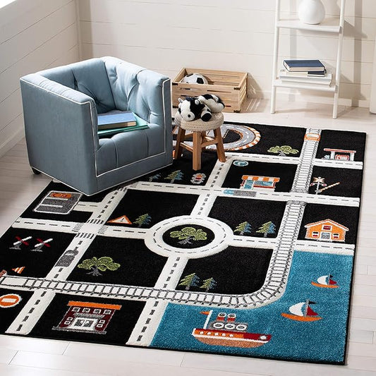 SAFAVIEH Carousel Kids Collection 6'7" Square Black/Ivory CRK192Z Neighborhood Road Non-Shedding Playroom Nursery Bedroom Area Rug