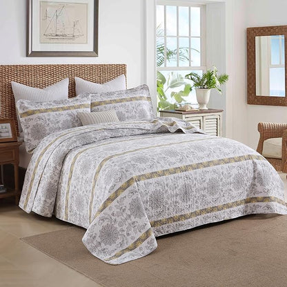 Homzard King Size Quilt - Cotton King Size Comforter Set,Grey Yellow White Striped Bedspread,Paisley Quilt Bedding,Lightweight Bedding with Two Pillow Shams