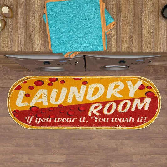 Machine Washable Bubbles Design Laundry Room Rug Non-Slip Rubberback 2x5 Laundry Runner Rug for Laundry Room, Bathroom, Washroom, 20" x 59" Oval, Red/Yellow