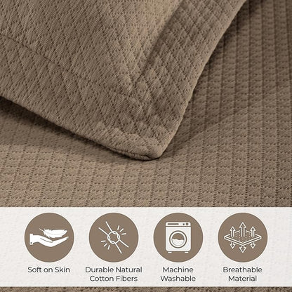 Superior Solitaire Cotton 3 Piece Bedspread Set, Home Bed Decor, Decorative Textured Bed Spread, 2 Pillow Shams, Airy Blanket, Matelasse Coverlet Bedding, All-Season Accent Blanket, Queen, Taupe