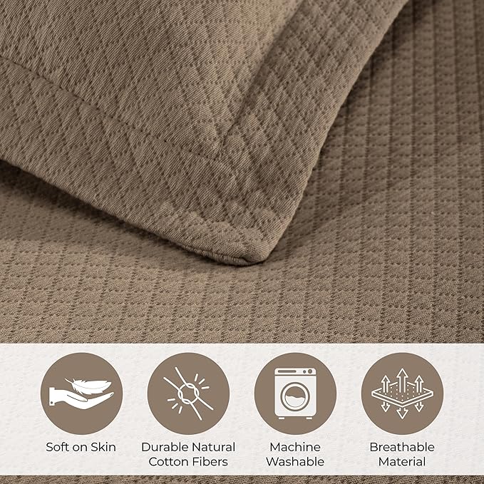Superior Solitaire Cotton 3 Piece Bedspread Set, Home Bed Decor, Decorative Textured Bed Spread, 2 Pillow Shams, Airy Blanket, Matelasse Coverlet Bedding, All-Season Accent Blanket, Full, Taupe