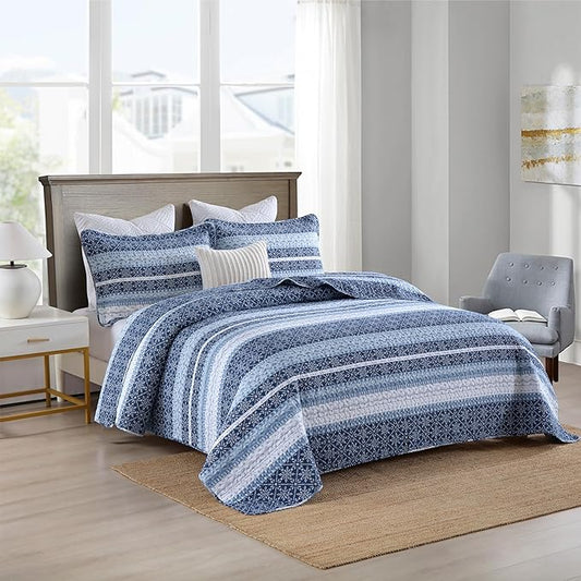 Homzard Quilts Queen Size,Blue White Snowflake Striped Quilt Bedspread Set,Cotton Boho Blue Comforter Set, Lightweight Comforter Queen Size (90 * 98 inches) and 2 Pillow Shams