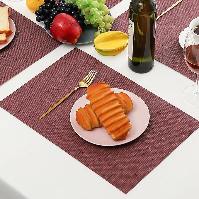 Leetaltree Burgundy Placemats Set of 12 - Heat Resistant Non-Slip Place mats for Dining Table, Washable Durable PVC Vinyl Woven Table Mats（Burgundy, 12）