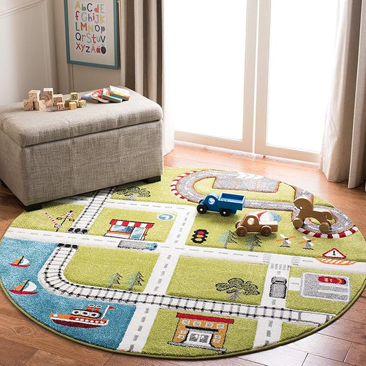 SAFAVIEH Carousel Kids Collection 4' Round Green / Ivory CRK192Y Neighborhood Nursery Playroom Area Rug