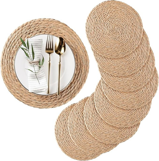 Round Woven Placemats Set of 8, Natural Water Hyacinth Place mats, Rattan Placemats Wicker Placemats Farmhouse Boho Braided Heat Resistant Outdoor Placemat Patio Table Place Mats (13.5 inch Set of 8)