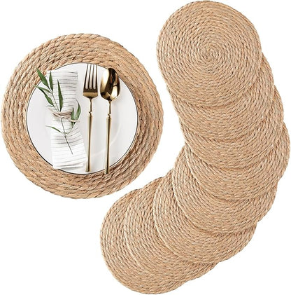Round Woven Placemats Set of 4, Natural Water Hyacinth Place mats, 13 inch Rattan Placemats Wicker Placemats Farmhouse Boho Braided Heat Resistant Outdoor Placemat Patio Table Place Mats