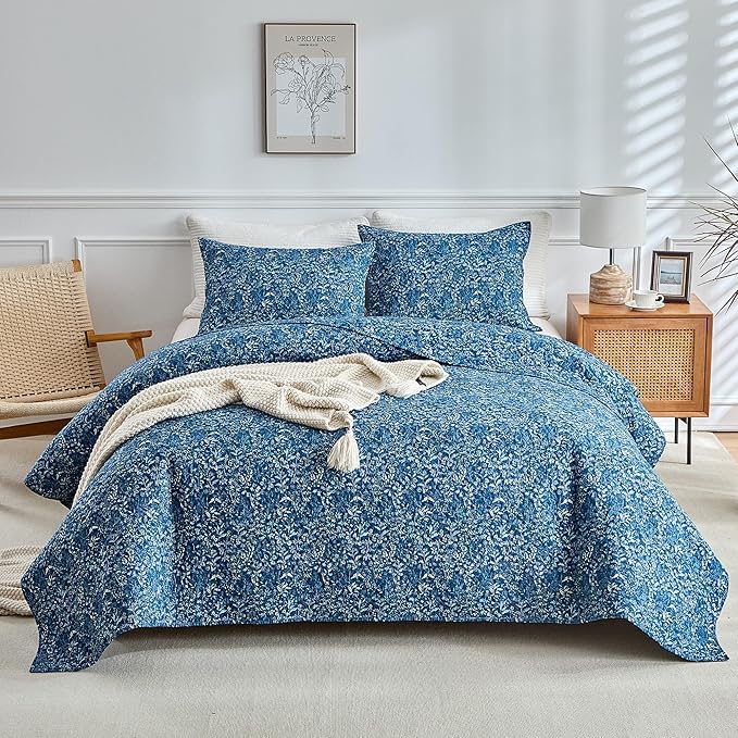 mixinni Navy Blue Quilt Set King Size, Garden Style Floral Bedding Set, 3-Piece Lightweight Quilted Bedspread Coverlet Set for All Season