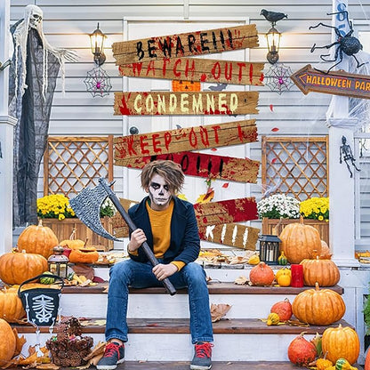 10pcs 39"x4.7" Halloween Haunted Window Boards, Beware Signs Window Warning Signs,Waterproof Outdoor Scary Sign for Halloween Party Decoration (10pcs window boards)