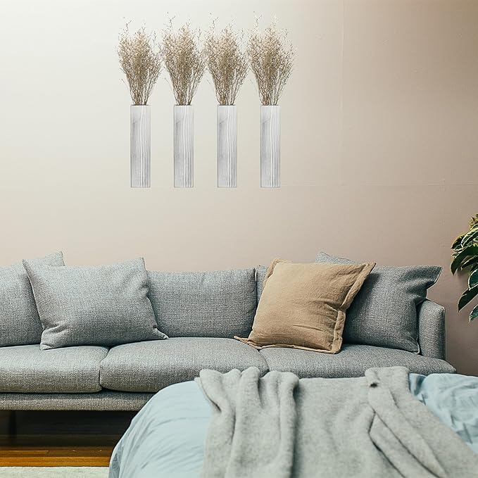 Wood Wall Planter 4 Pack Wall Decor for Artificial Flower Plants Wooden Plants Holder Wall Plant Pocket Vase Hanging for Living Room Bedroom Dining Room Bathroom Indoor Decroation (Light Grey)