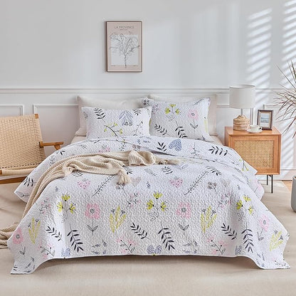 mixinni 3-Piece Quilt Set Flower Leaf Bedspread Lightweight Coverlet Set Garden Style Floral Printed Farmhouse Quilted Bedding Set with Shams for All Season, Queen Size